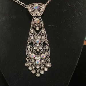 Filigree Crystal tie Necklace in Silver with Aurora Borealis Accents
